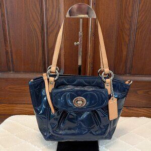 Coach Leah Embossed Patent Leather Shoulder Satchel Bag Purse F14729 Navy